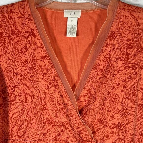 J Jill Orange Paisley V Neck 3/4 Sleeve Surplice Cotton T- Shirt Size M - Picture 3 of 6